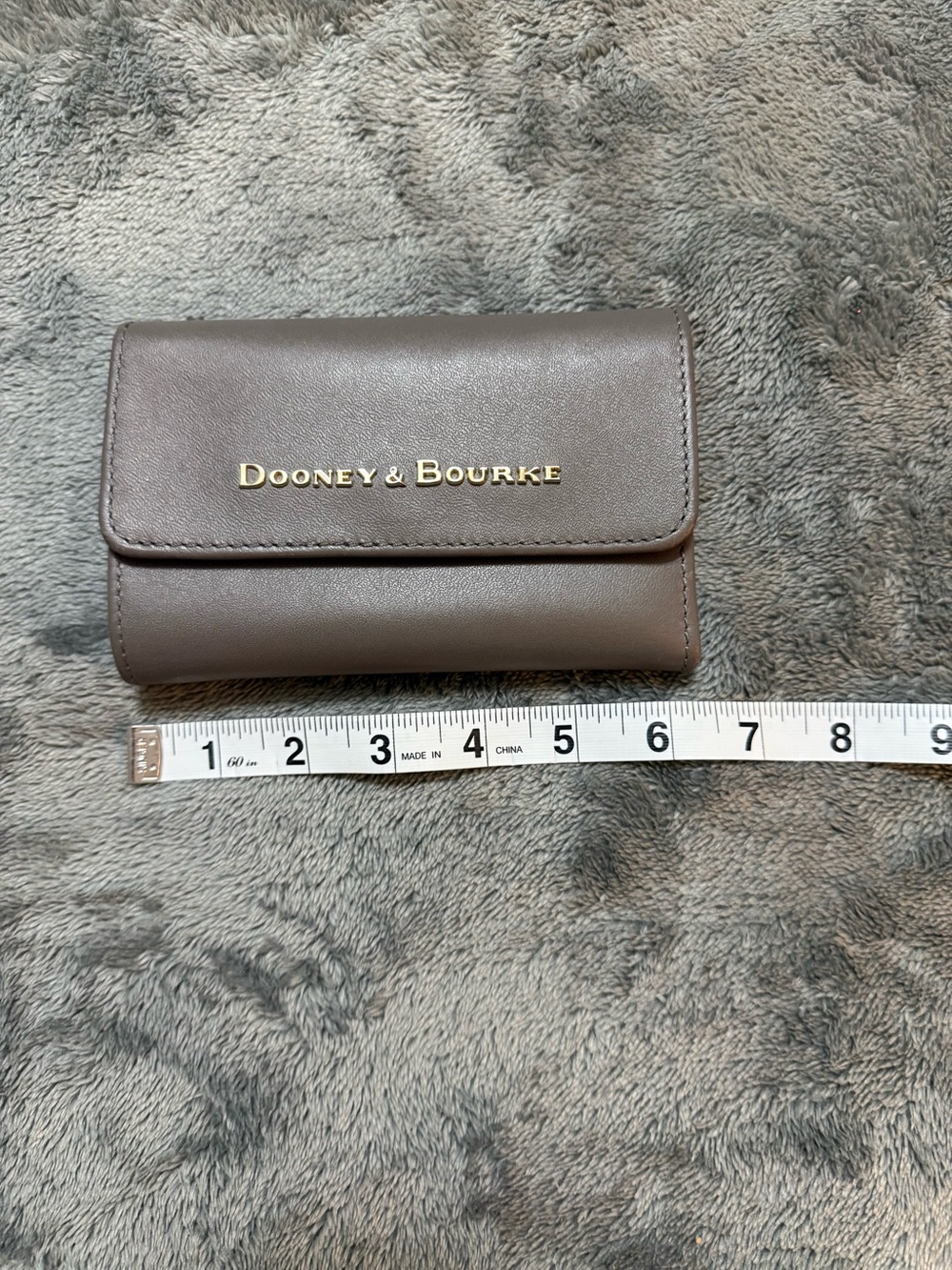 Dooney & Bourke Taupe Leather Compact Trifold Wallet with Gold Logo